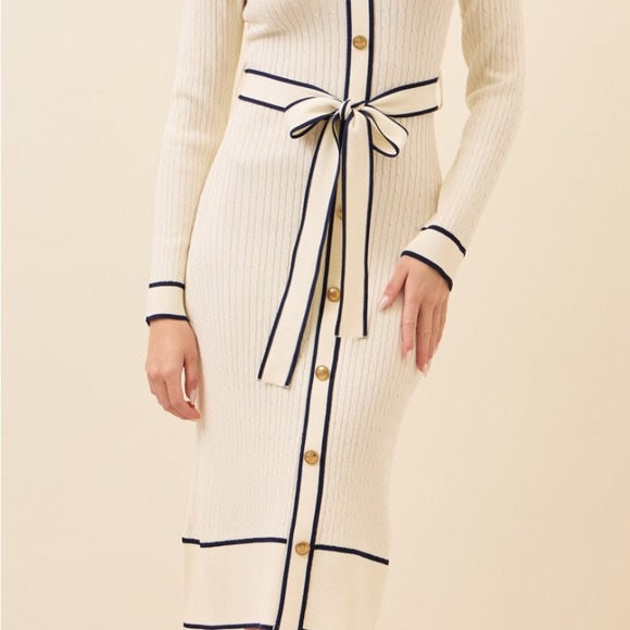 Pointelle Knit V-Neck Midi Ivory Dress - Picture 2 of 16